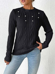 Cable-Knit Round Neck Long Sleeve Sweater - Trendsi