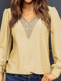 Eyelet V-Neck Long Sleeve Blouse - Flyclothing LLC