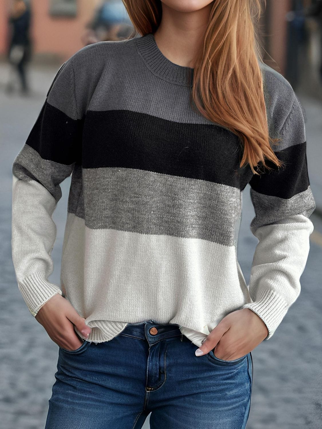 Color Block Round Neck Long Sleeve Sweater - Trendsi