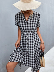 Plaid Notched Short Sleeve Dress Trendsi