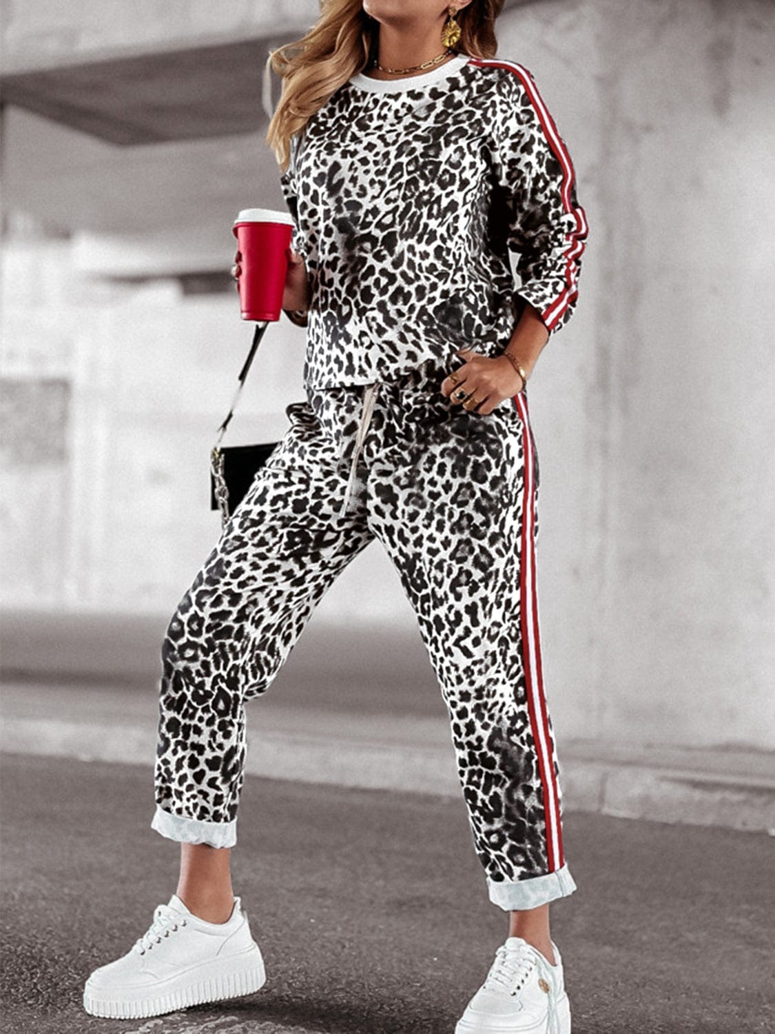 Leopard Round Neck Long Sleeve Top and Pants Set - Trendsi