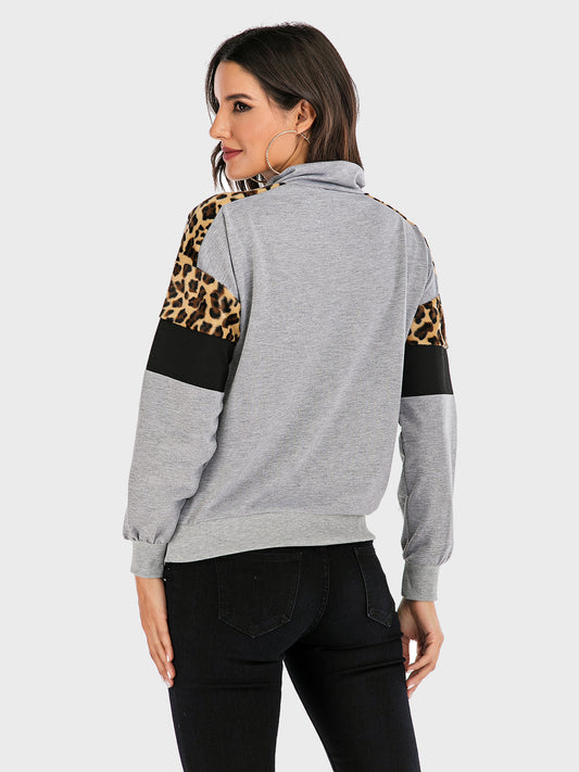 Sudadera de manga larga con media cremallera y estampado de leopardo en contraste Perfee