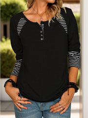 Full Size Striped Quarter Button Long Sleeve T-Shirt