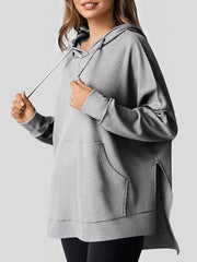 Drawstring Slit Long Sleeve Hoodie - Trendsi