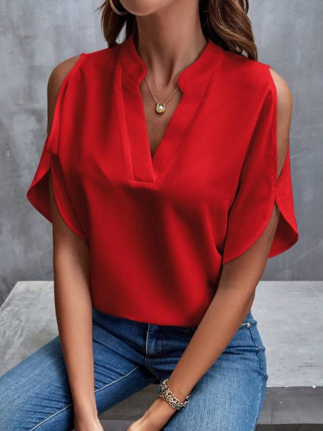 Notched Cold Shoulder Half Sleeve Blouse Trendsi