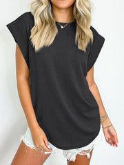 Textured Round Neck Cap Sleeve Blouse Trendsi