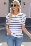 Striped Round Neck Puff Sleeve Knit Top - Flyclothing LLC