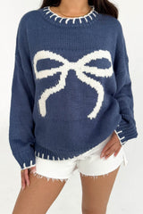 Bow Graphic Round Neck Long Sleeve Sweater - Trendsi