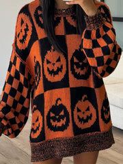 Exposed Seam Pumpkin Round Neck Long Sleeve Sweater - Trendsi