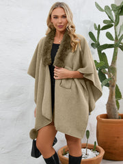 Fuzzy Trim Open Front Poncho - Trendsi