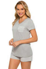 Striped Short Sleeve Top and Shorts Lounge Set - Flyclothing LLC