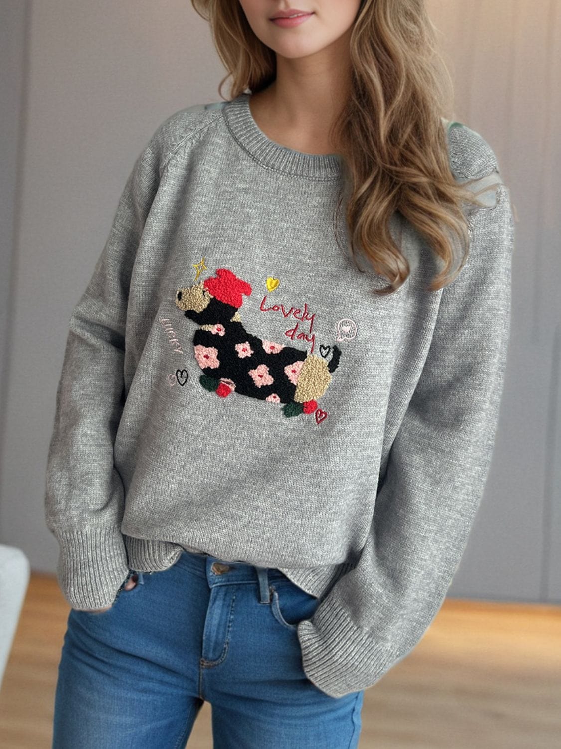 Puppy Round Neck Raglan Sleeve Sweater - Trendsi