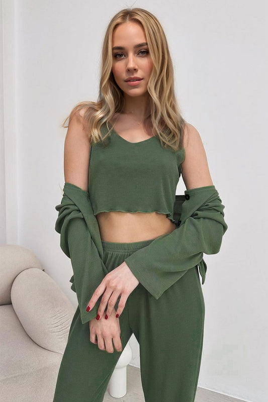 Basic Bae Buttery-Soft Round Neck Tank, Cardigan and Pants Set - Trendsi