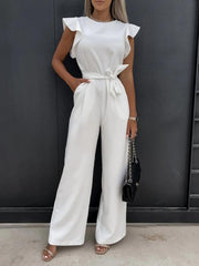 Ruffled Round Neck Cap Sleeve Jumpsuit Trendsi