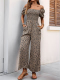 Perfee Smocked Printed Square Neck Puff Sleeve Jumpsuit