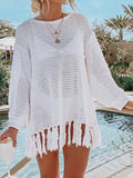 Double Take Openwork Tassel Hem Long Sleeve Knit Cover Up - Flyclothing LLC