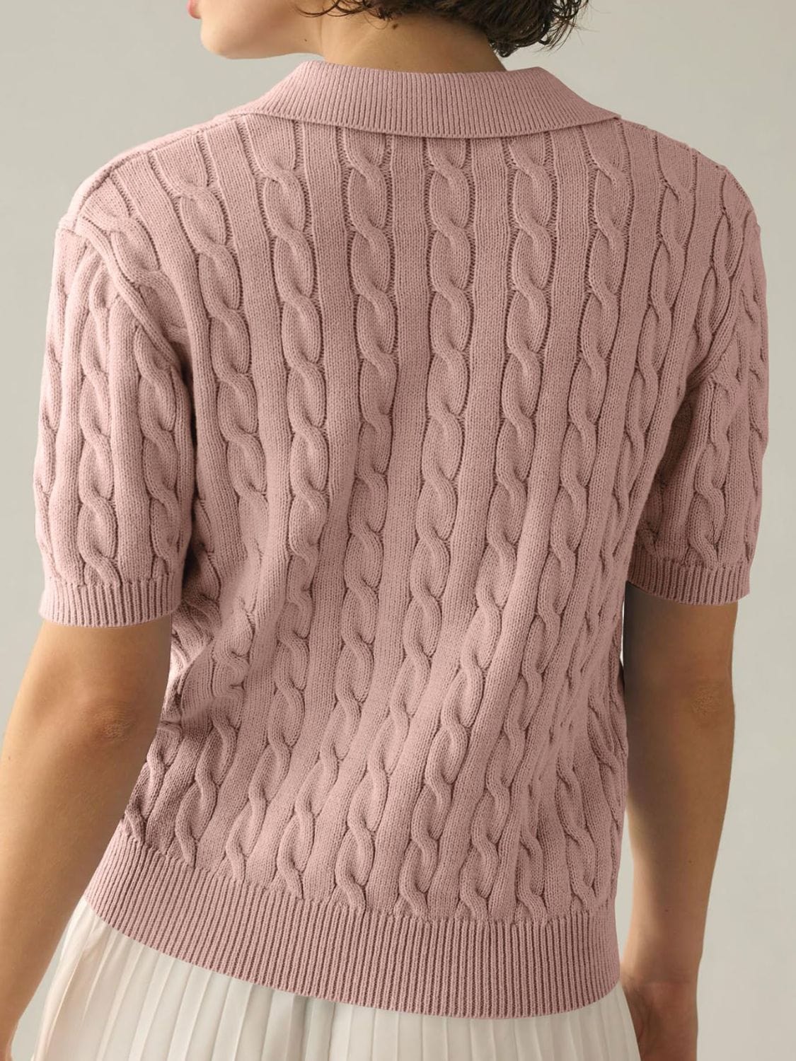 Cable-Knit Collared Neck Half Sleeve Sweater - Trendsi