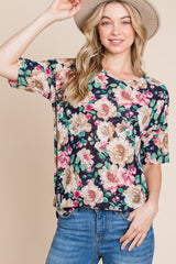 BOMBOM Floral Round Neck T-Shirt - Trendsi