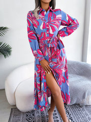 Tied Button Up Long Sleeve Dress - Flyclothing LLC