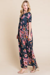 BOMBOM Floral Short Sleeve Maxi Dress - Trendsi