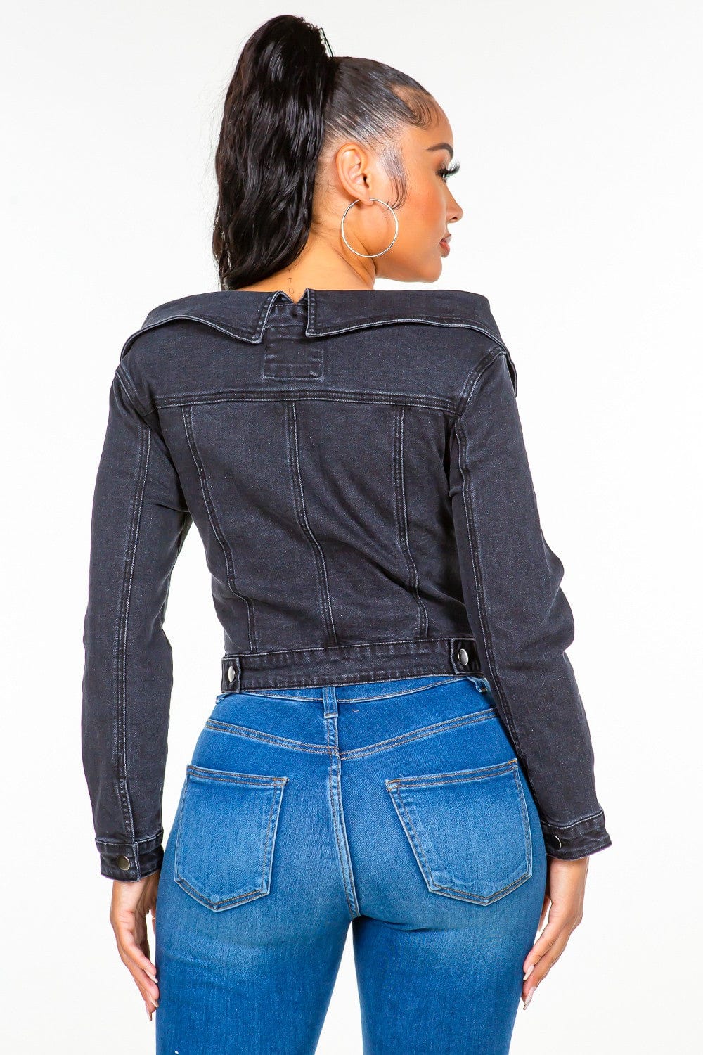 American Bazi Off Shoulder Lace Up Denim Jacket - Trendsi