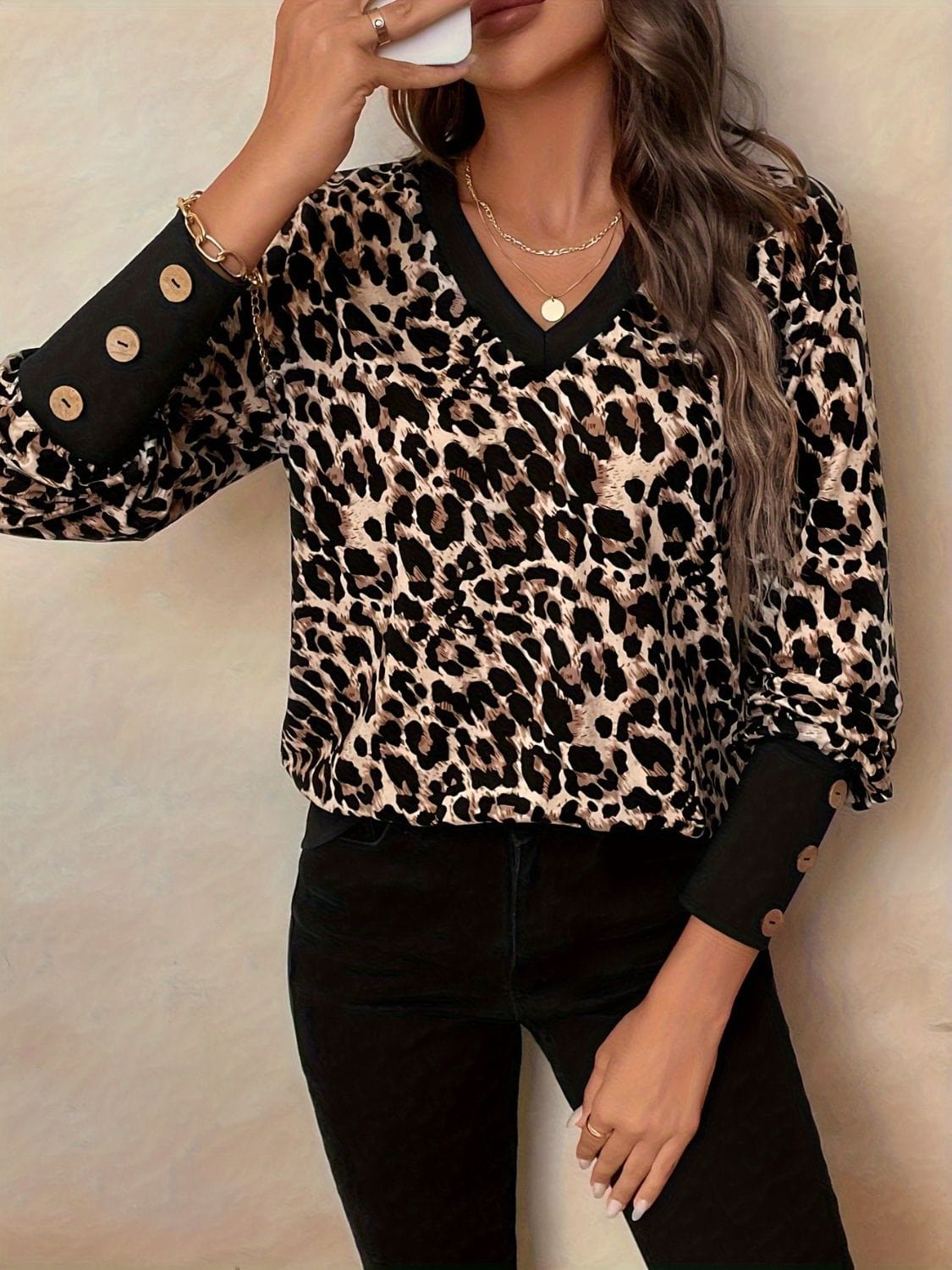 Decorative Button Leopard V-Neck Long Sleeve T-Shirt - Trendsi