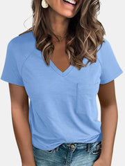 Pocketed V-Neck Short Sleeve T-Shirt Trendsi