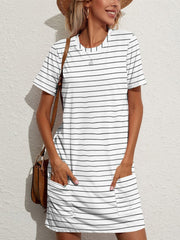 Pocketed Striped Round Neck Short Sleeve Dress - Flyclothing LLC