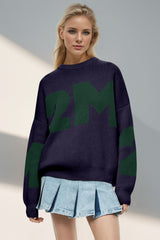 Basic Bae Contrast Letter Round Neck Long Sleeve Sweater - Trendsi