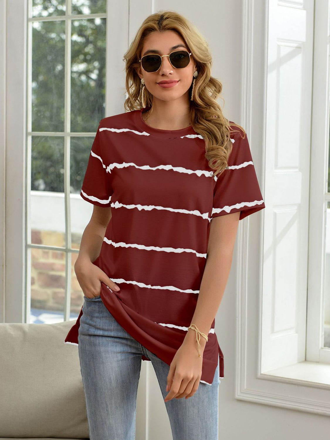 Striped Round Neck Short Sleeve T-Shirt - Flyclothing LLC