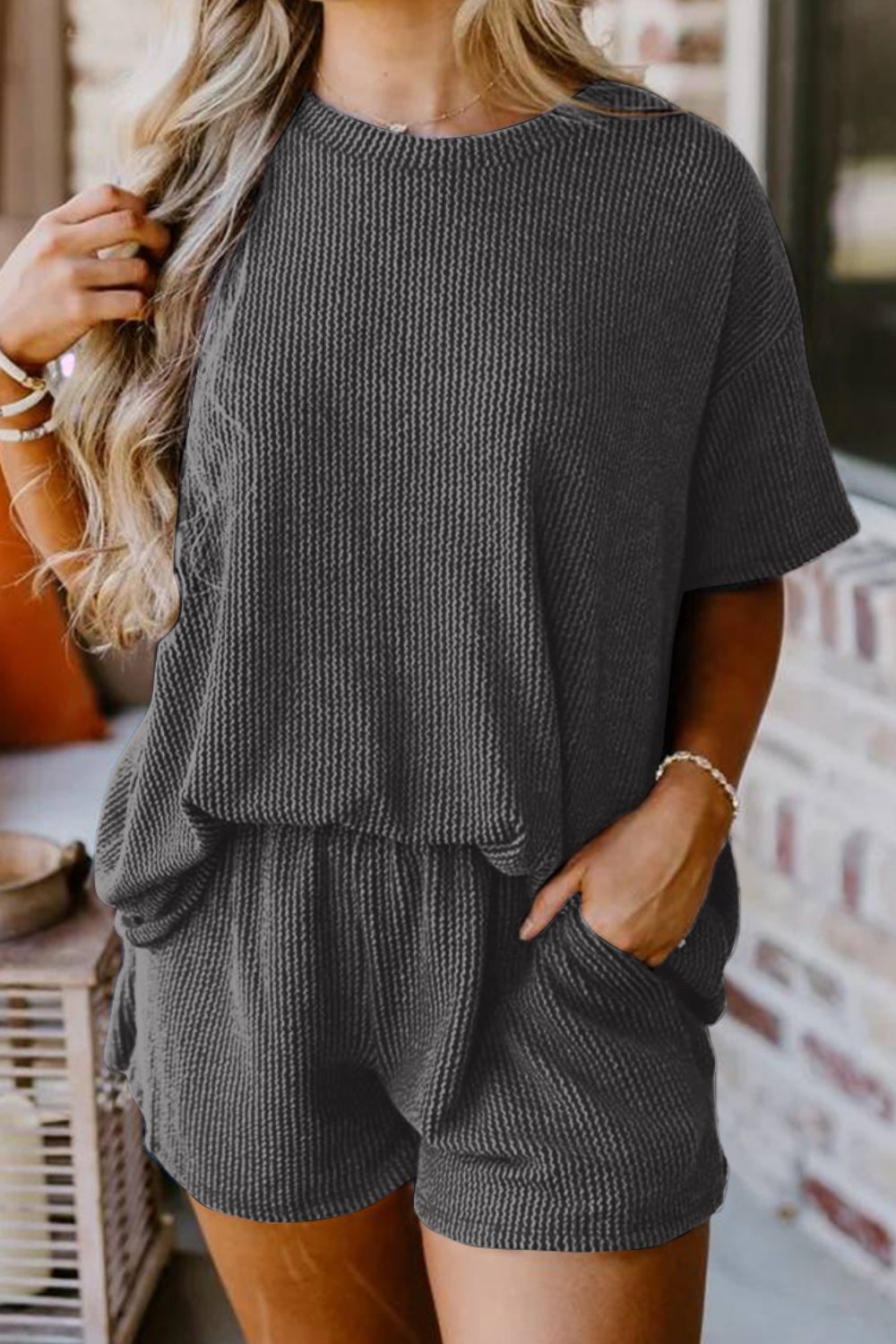 Textured Round Neck Top and Shorts Set - Flyclothing LLC