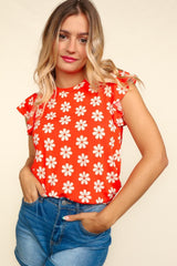 Haptics Round Neck Ruffled Floral Contrast Knit Top