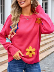 Crochet Flower Round Neck Sweater - Trendsi