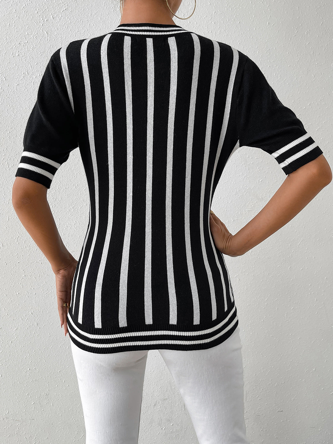 Striped Round Neck Half Sleeve Knit Top - Flyclothing LLC