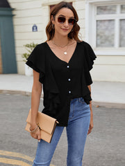 Ruffled V-Neck Short Sleeve Top Trendsi