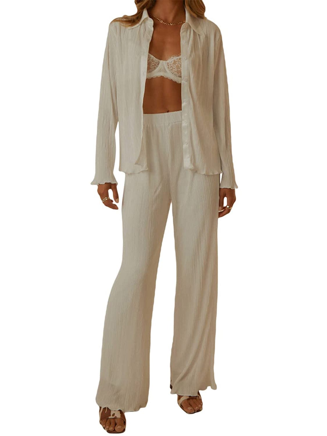 Collared Neck Long Sleeve Top and Pants Lounge Set - Trendsi