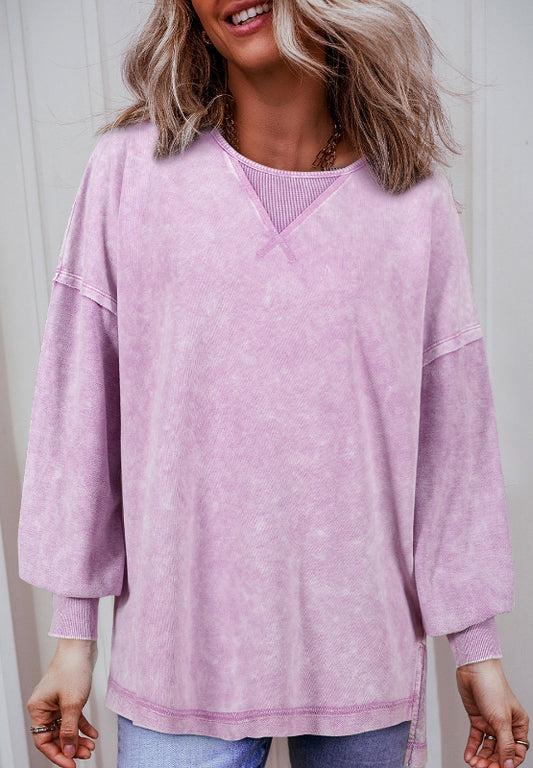 Exposed Seam Round Neck Long Sleeve Sweatshirt