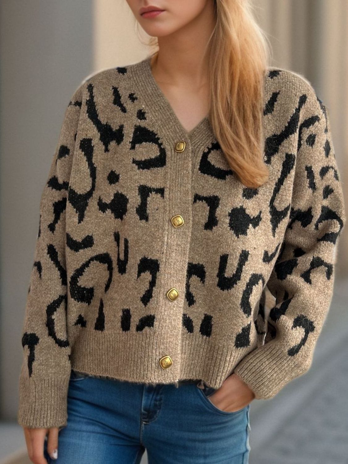 Leopard V-Neck Button Up Cardigan - Trendsi