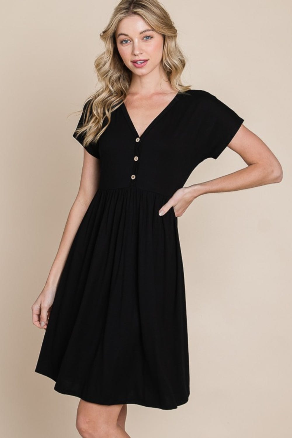 BOMBOM V-Neck Short Sleeve Dress - Trendsi