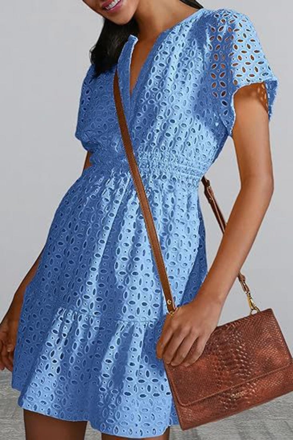 Eyelet Notched Short Sleeve Mini Dress - Trendsi