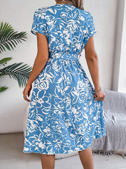 Printed V-Neck Short Sleeve Dress Trendsi