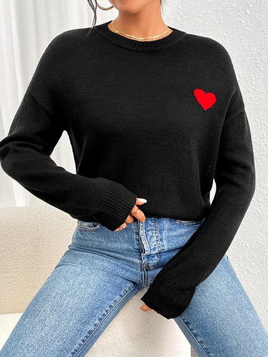 Heart Round Neck Long Sleeve Sweater - Trendsi