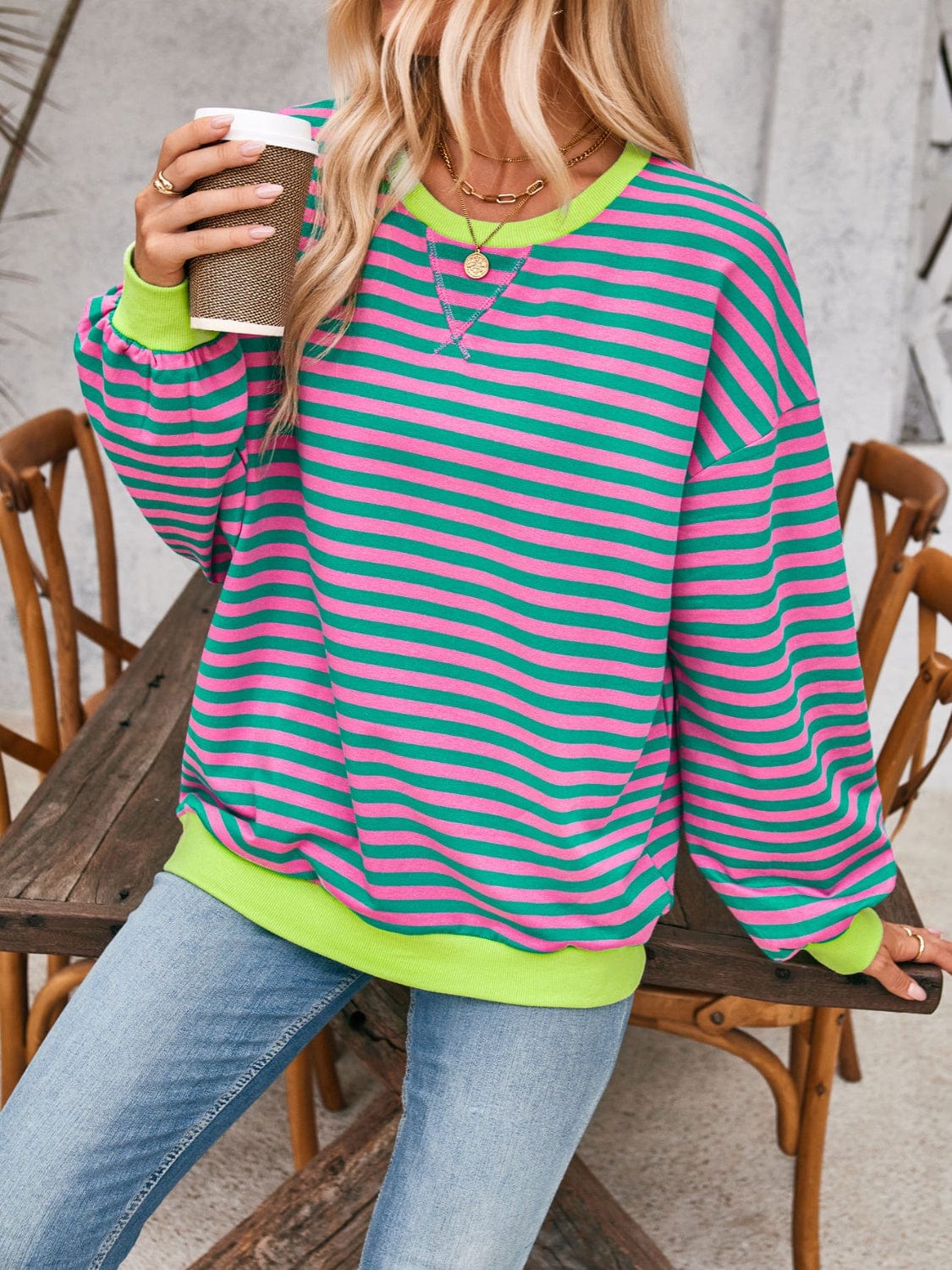 Contrast Striped Long Sleeve Sweatshirt - Trendsi