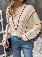 Eyelet Round Neck Long Sleeve Sweater - Trendsi