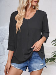 Textured Round Neck Three-Quarter Sleeve Blouse - Trendsi