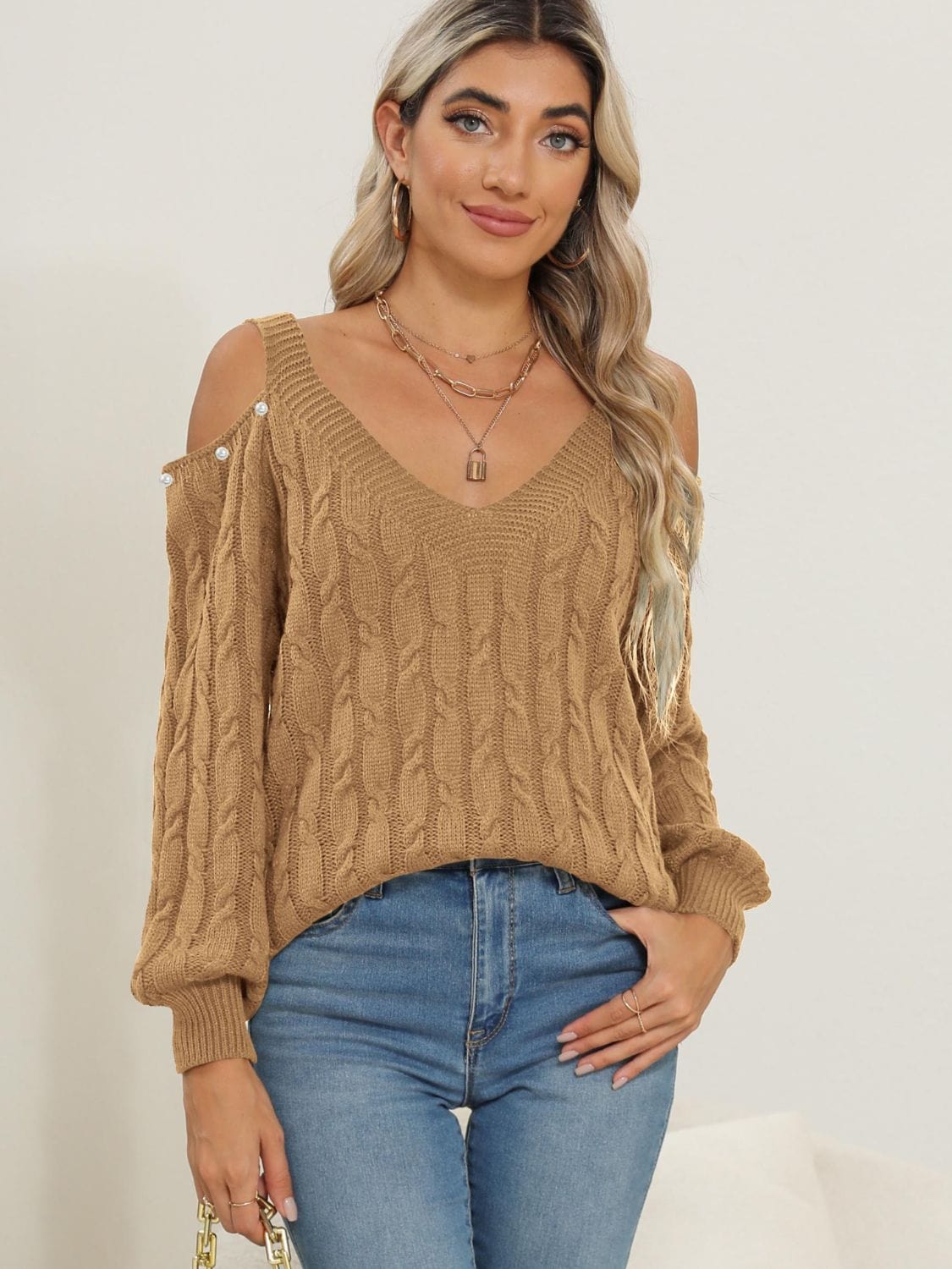 Cable-Knit Cold Shoulder Sweater - Trendsi