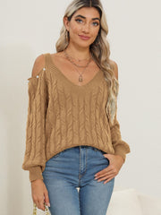 Cable-Knit Cold Shoulder Sweater - Trendsi