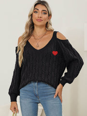 Cable-Knit Heart V-Neck Sweater - Trendsi