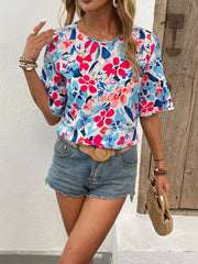 Printed Round Neck Flounce Sleeve Blouse Trendsi