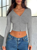 Buttoned V-Neck Long Sleeve T-Shirt - Trendsi